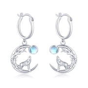 Wolf Earrings S925 Sterling Silver Moonstone Wolf Leverback Earrings Crescent Moon Dangle Drop Earrings Animal Earrings Wolf Hoop Earrings Howling Wolf Jewelry for Women