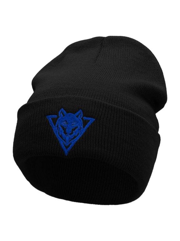 Wolf Embroidered 12 inch Acrylic Cuffed Long Beanie - Black OSFM