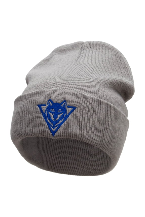 Wolf Embroidered 12 inch Acrylic Cuffed Long Beanie - Grey OSFM