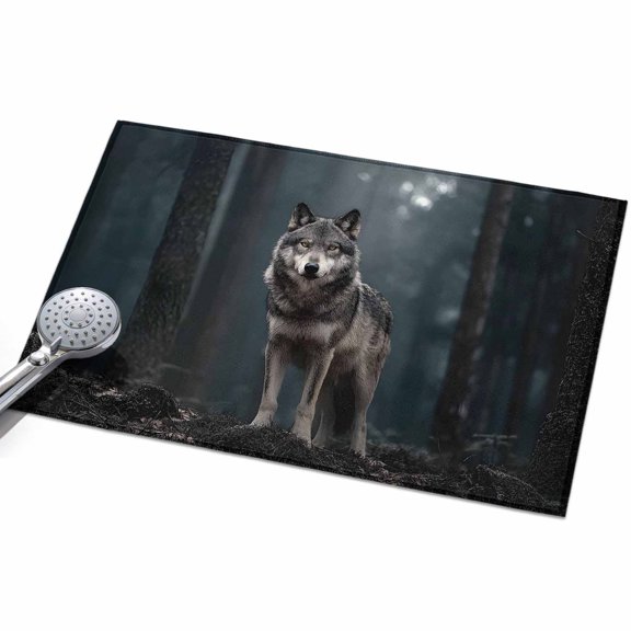 Wolf Entryway Rug 2x3ft Washable Non Slip Bathroom Rug Low Pile Soft Indoor Floor Front Door Mat Mystery Animal Dark Forest Rectangle Area Rugs Carpet for Kitchen Office Dining Room Home