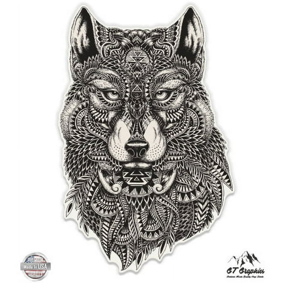 Wolf Ethnic Pattern - 3" Vinyl Sticker - For Car Laptop I-Pad Phone Helmet Hard Hat - Waterproof Decal