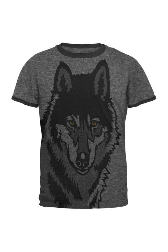 Wolf Face All Over Heather-Black Men's Ringer T-Shirt - 2X-Large