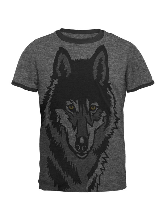 Wolf Face All Over Heather-Black Men's Ringer T-Shirt - Medium