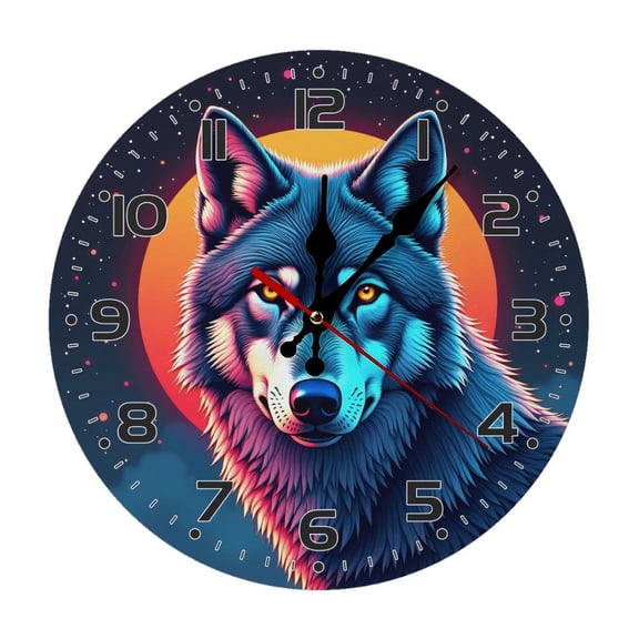 Wolf Face Portrait Wall Clock 10 Inch Silent Non Ticking Round Wooden Clock Decoration for Living Room Kitchen Bedroom Bathroom Office Classroom