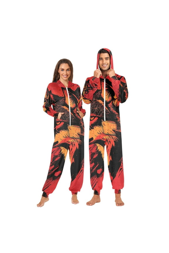 Wolf Face Red Adult Onesie Pajamas Slim Fit Christmas One Piece Suit Pjs for Women and Men Hooded Zipper