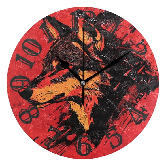 Wolf Face Red Wall Clock 10 inch Non-Ticking Easy to Read Decorative Clocks for Home Bedroom Living Room