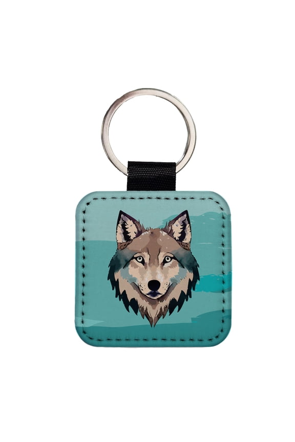 Wolf Face Watercolor Faux Leather Square Keychain