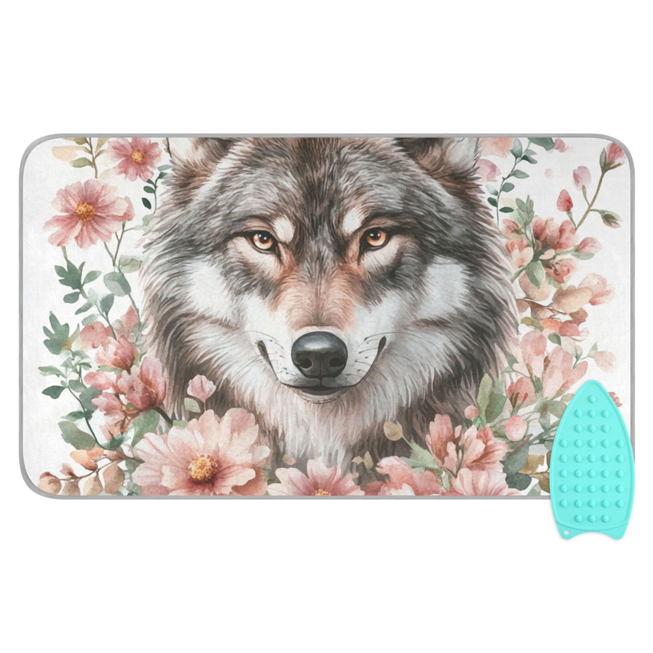 Wolf Face in Flowers Ironing Mat Blanket Portable Travel Ironing Pad Heat Resistant Pad 47.2" x 27.6”