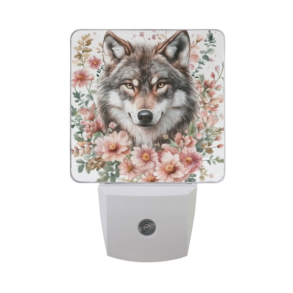 Wolf Face in Flowers LED Night Light with Smart Sensor Plug Into Wall Dusk to Dawn 2 packs