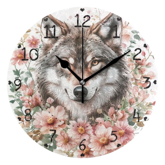 Wolf Face in Flowers Round Wall Clock Silent Analog Battery Operated Black Pointer Home Decor 9.84" Diameter