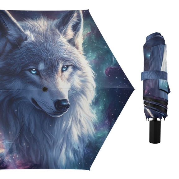 Wolf Face in Nebula All Weather Umbrella Triple Folding Parasol 6 Ribs UV Protection Portable