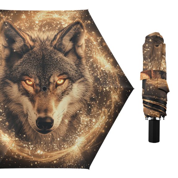 Wolf Face with Shining Stars All Weather Umbrella Triple Folding Parasol 6 Ribs UV Protection Portable