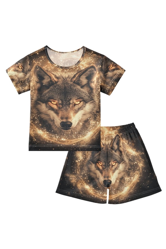 Wolf Face with Shining Stars Pajamas Set Short Sleeves Sleepwear Top with Shorts Loose Fit Lounge Wear Unisex 5Y
