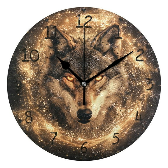 Wolf Face with Shining Stars Round Wall Clock Silent Analog Battery Operated Black Pointer Home Decor 9.84" Diameter