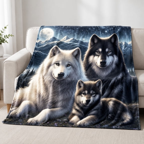 Wolf Family Fleece Throw Blanket, Soft 280 GSM Polyester, Animal Lover Decor