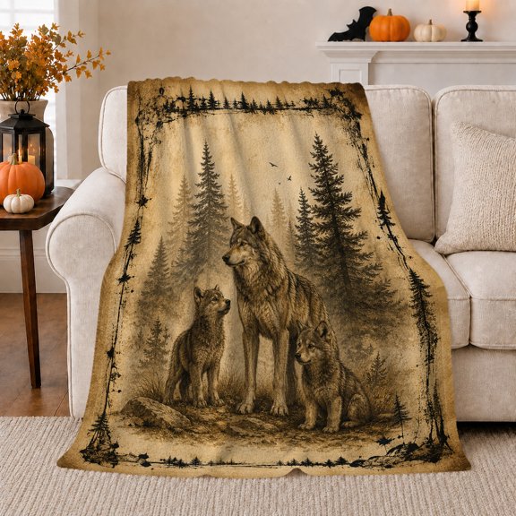 Wolf Family Forest Scene Calm Realistic Wildlife Art, Peaceful Woodland Scene, Warm Flannel Blanket for Living Room and Reading Nook, Wildlife Lovers Friendship Gift, Artistic Home Decor