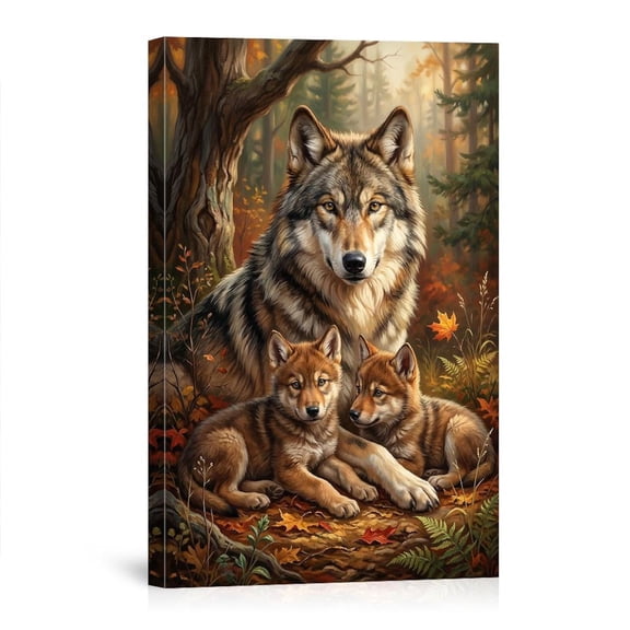Wolf Family In Autumn Forest Realistic Wildlife With Mom And Pups For Living Room Bedroom Nature Canvas