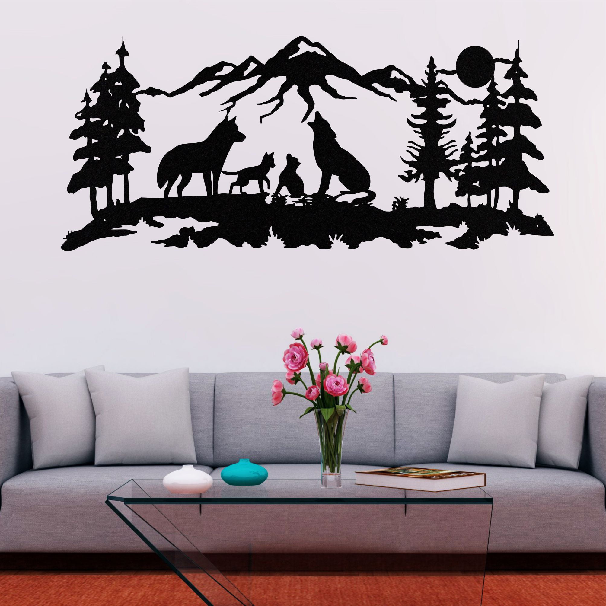 Wolf Family Black Metal 30x13 Wall Sculpture