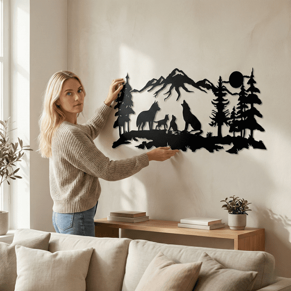 Wolf Family Metal Wall Art for Home and Outside - Wall-Mounted Geometric Metal Wall Decor - Drop Shadow 3D Effect Wall Decoration for Living Room Bedroom