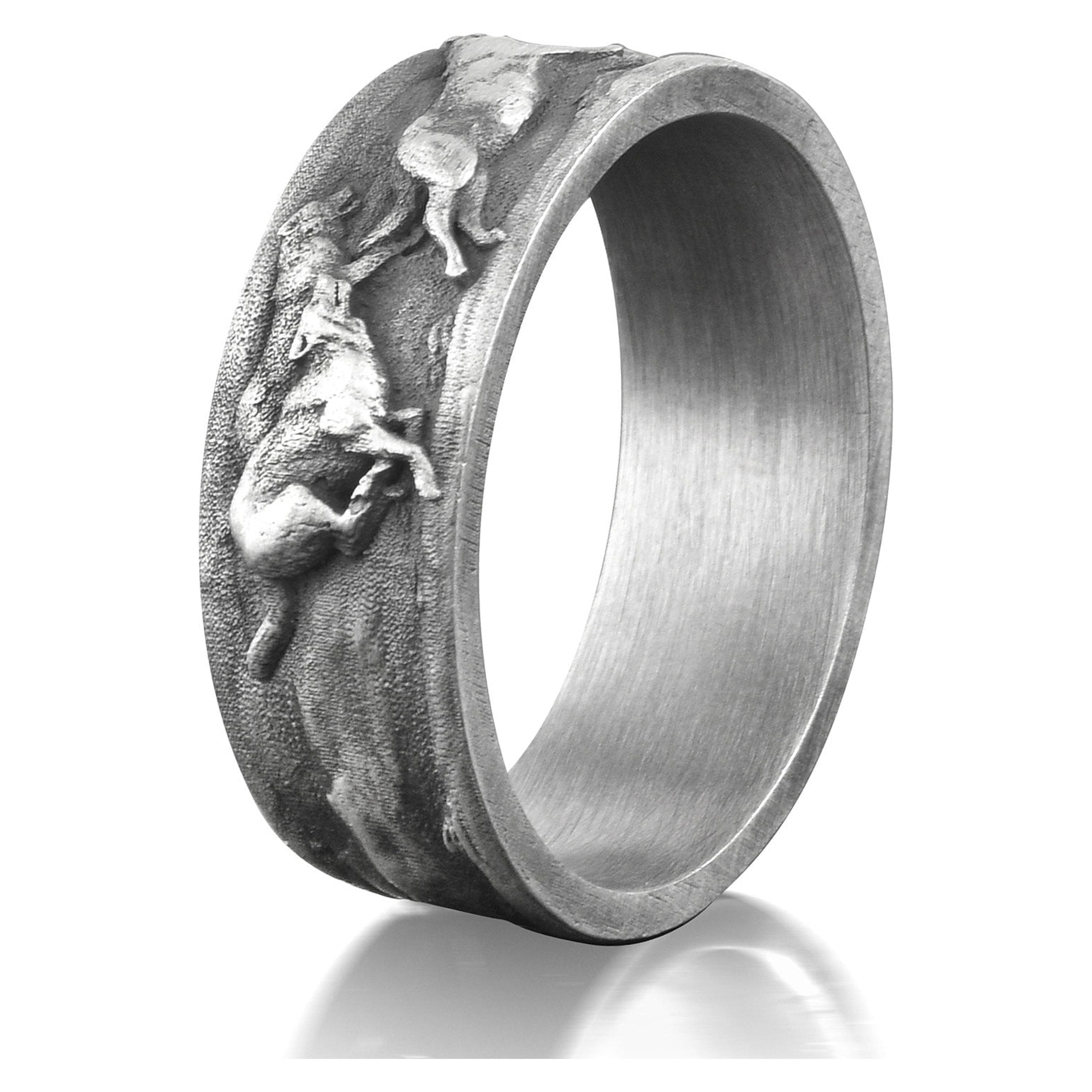 Wolf Family Silver Mens Nature Ring, Engraved Wolf Oxidized Promise