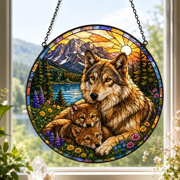 Wolf Family Stained Glass Suncatcher, Mountain Forest Window Hanging Ornament, Wildlife Nature Home Decor