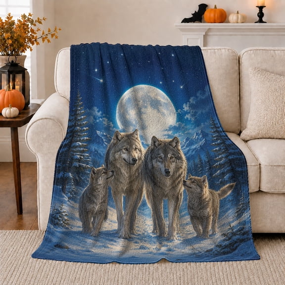 Wolf Family Walking Beneath A Winter Moon, Cozy Flannel Blanket with Realistic Wildlife Illustration Print, Housewarming Gift for Wolf Family Enthusiasts, Home Decor for Bedroom and Living Room