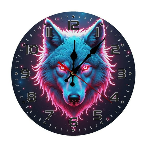 Wolf Fantasy Neon Wall Clock 10 Inch Silent Non Ticking Round Wooden Clock Decoration for Living Room Kitchen Bedroom Bathroom Office Classroom