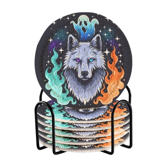 Wolf Fire Ghost 6 Pcs Drink Coasters with Holder Absorbent Coasters Woven Coasters for Drinks Table Desk Protection Home Decor