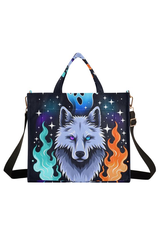Wolf Fire Ghost Corduroy Tote Bag Handbag Large Messenger Bag Shoulder Crossbody Zipper Bag Purse