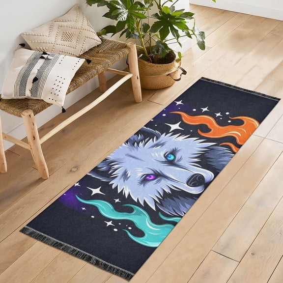 Wolf Fire Ghost Runner Rug Machine Washable Area Rugs Carpet Non Slip Entryway Mat for Bedroom Entryway Front Door