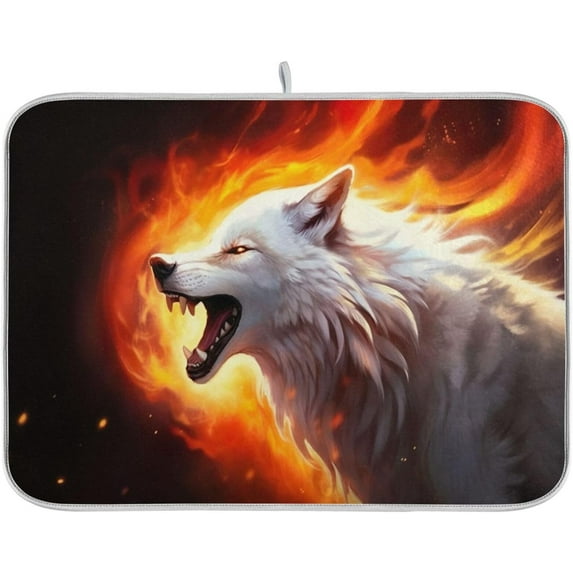 Wolf Fire Print Dish Drying Mat for Kitchen Counter, Ultra Absorbent Reversible Microfiber Dishes Drying Rack Pad Heat-resistant Mats 16x18in