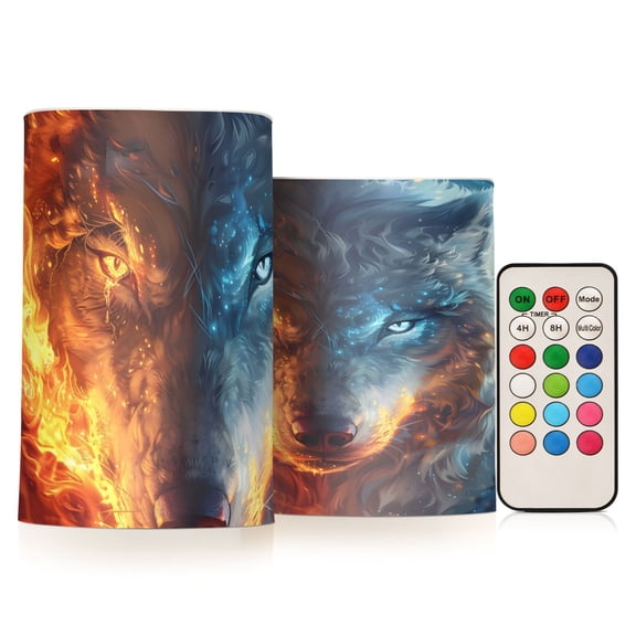 Wolf Flame Ice Flickering Flameless Candles Battery Operated with Remote Timer LED Pillar Candles Set of 2
