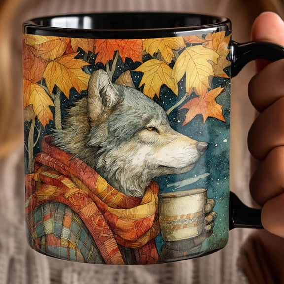 Wolf Flannel Coffee Cup, Boss Gift, Black Ceramic Tea Mug, Animal Lover Office Decor, Wildlife Drinkware, Morning Coffee Mug