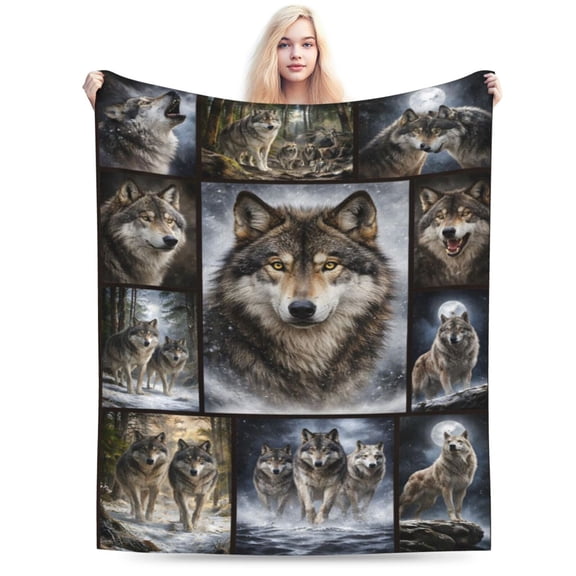 Wolf Fleece Throw Blanket, Majestic Grey Wolf Pack Forest Art Print, Soft Warm Lightweight Blanket for Sofa, Couch, Bed, Home Decor, All Seasons 50x40