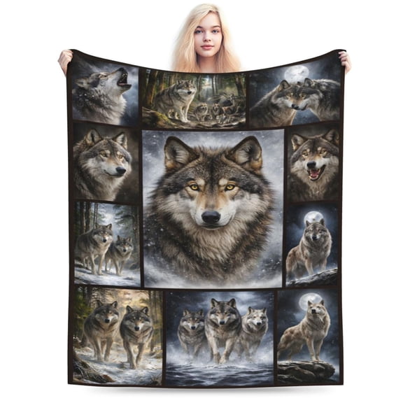 Wolf Fleece Throw Blanket, Majestic Grey Wolf Pack Forest Art Print, Soft Warm Lightweight Blanket for Sofa, Couch, Bed, Home Decor, All Seasons 60x50