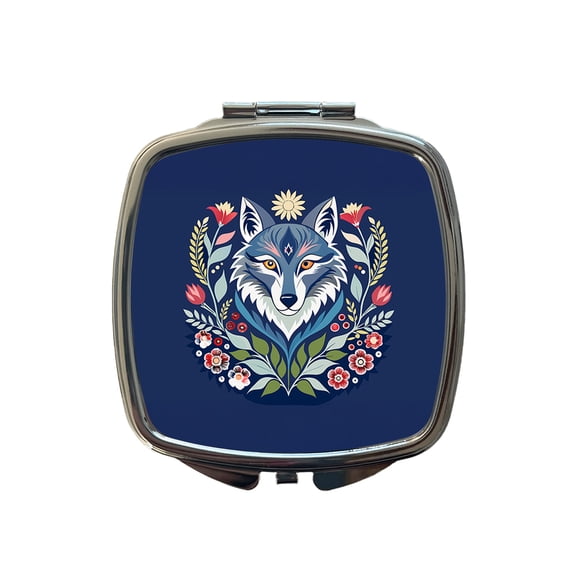 Wolf Floral Flowers Travel Makeup Handbag Purse Small Pocket Compact Mirror