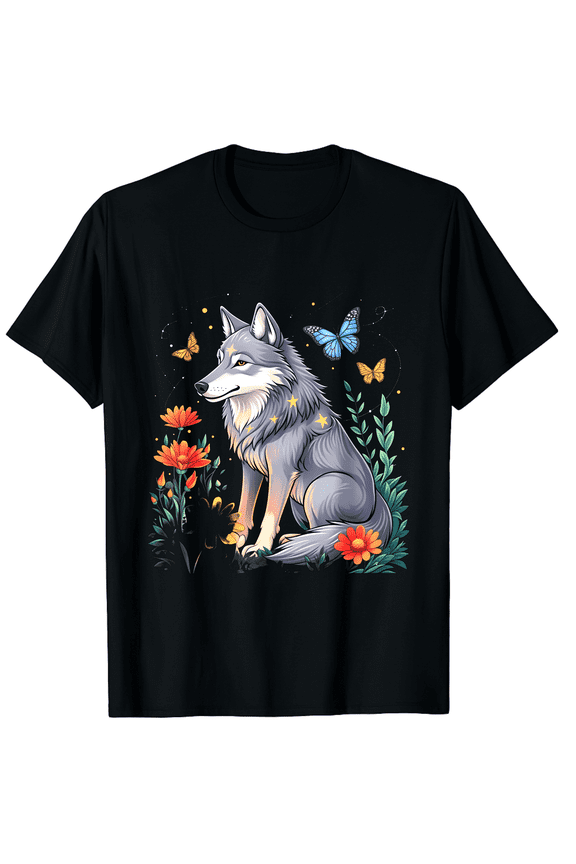 Wolf Floral Garden Butterflies Nature Unisex T-Shirt