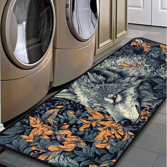 Wolf Flower Kitchen Floor Mat, Area Rugs 20''x47'' Laundry Room Rug Runner for Laundry Room, Kitchen, Bathroom, and Mudroom