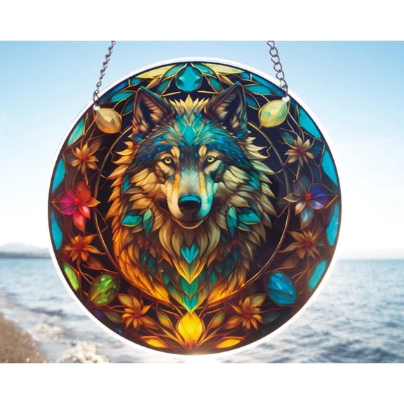 Wolf Flowers Suncatcher: Home Protection Charm Window Decor