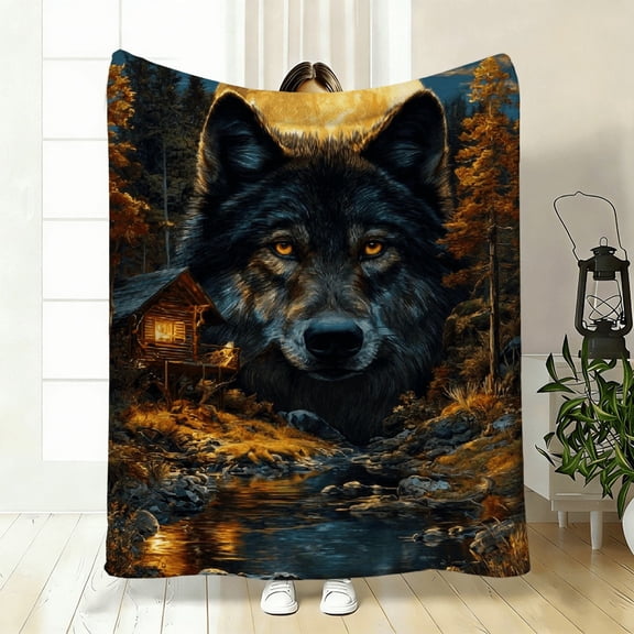 Wolf Forest Cabin Flannel Blanket, Black & Golden Wolf Pack with Pine Trees Log Cabin Night Sky Print, Soft 280GSM All Season Throw for Bed Sofa Camping