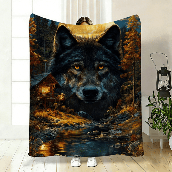 Wolf Forest Cabin Flannel Blanket, Black & Golden Wolf Pack with Pine Trees Log Cabin Night Sky Print, Soft 280GSM All Season Throw for Bed Sofa Camping