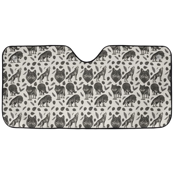 Wolf Forest Car Sunshade – Woodland Wildlife Windshield Sun Shade, Vintage Wolf Pattern Auto Sun Visor Cover