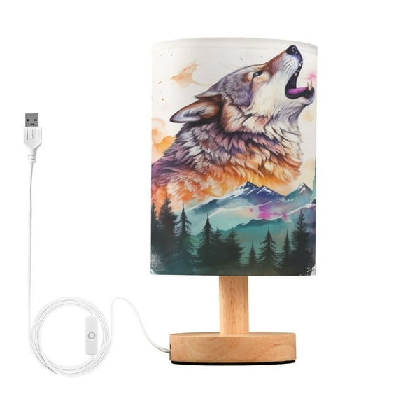 Wolf Forest Mountain Table Lamp USB Bedside Desk Nightstand Lamp Printed Gifts Small Lamp Wood Base for Bedroom Living Room Kids Room College Dorm