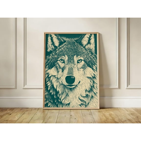 Wolf Forest Print Vintage Wildlife Illustration Moody Teal Art Rustic Cabin Decor, Unframed Paper Print