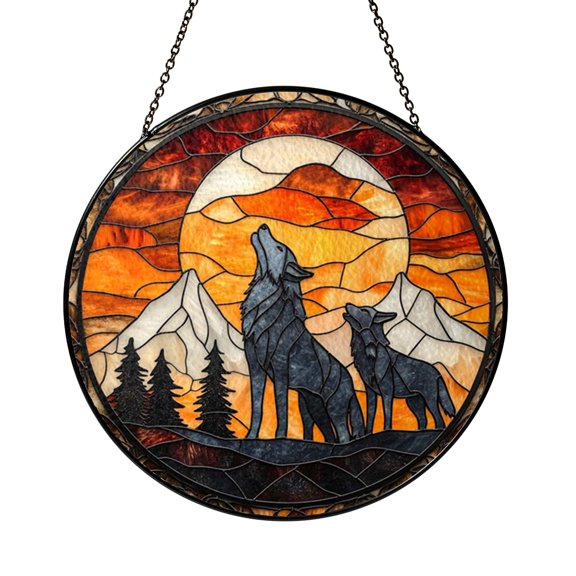 Wolf Forest Window Decor – Stained Glass Style Hanging Art1701