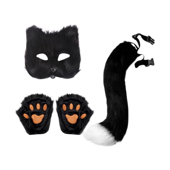 Wolf Fox Tail Mask and Gloves Set Halloween Christmas Fancy Party Costume Gift for Cosplay Scene Props