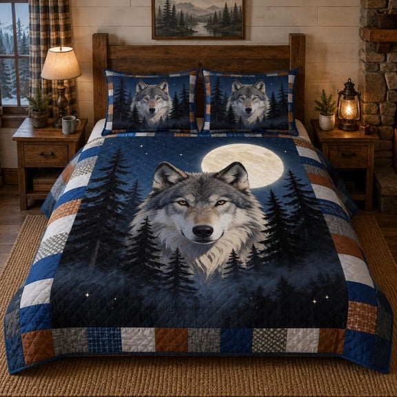 Wolf Full Moon Forest Quilt, Quilted Bedding Set, Night Wolf Bedspread, Rustic Cabin Bedroom Decor, Wildlife Lover Gift