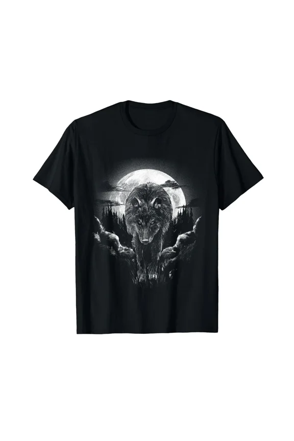 Wolf Full Moon Forest Sketch Wild Alpha Predator Wilderness Landscape Unisex T-Shirt, S-5XL