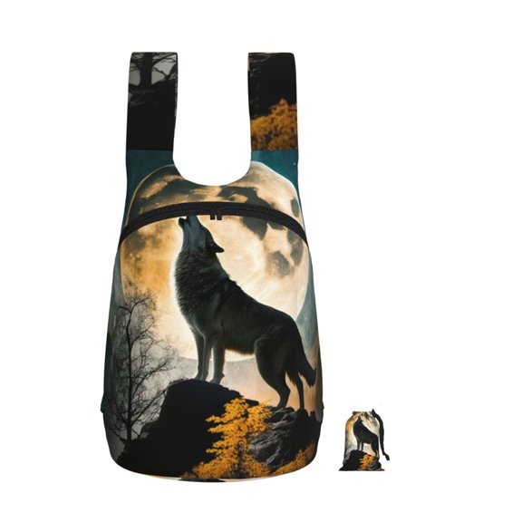 Wolf Full Moon Howling Foldable Storage Backpack Lightweight Packable Travel Daypack for Shopping Commuting Hiking