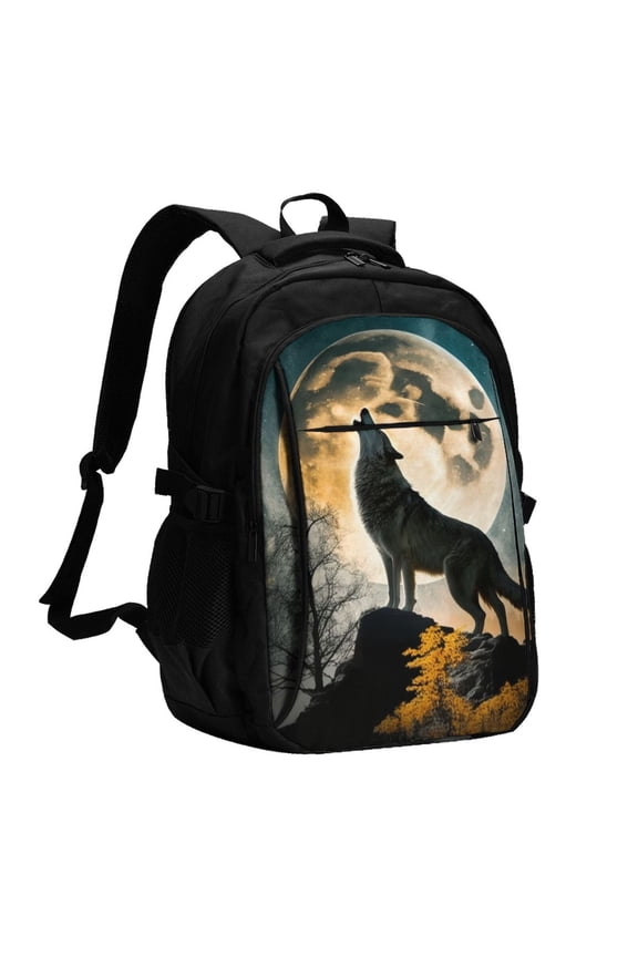 Wolf Full Moon Howling Laptop Backpack with USB Charging Headphone Port Casual Daypack Bag College Business Travel
